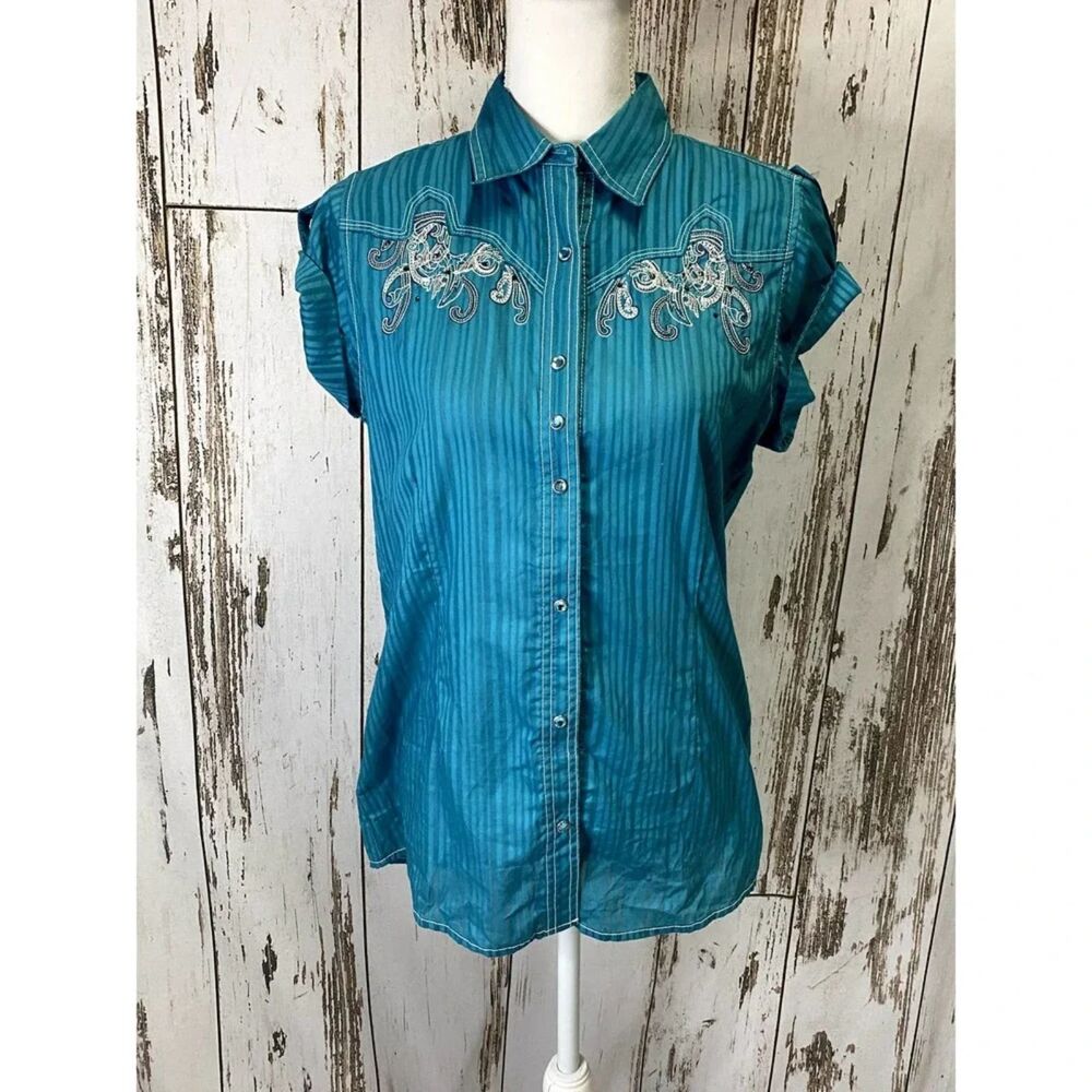 Wrangler Women's Medium Turquoise Silver Embroidered Pearl Snap Western Shirt